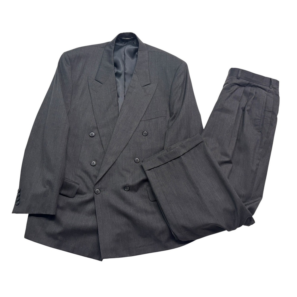 vtg 90s Samuelsohn 46R 38x30 Charcoal Double Breasted 2pc Pant Suit Pleated Wool